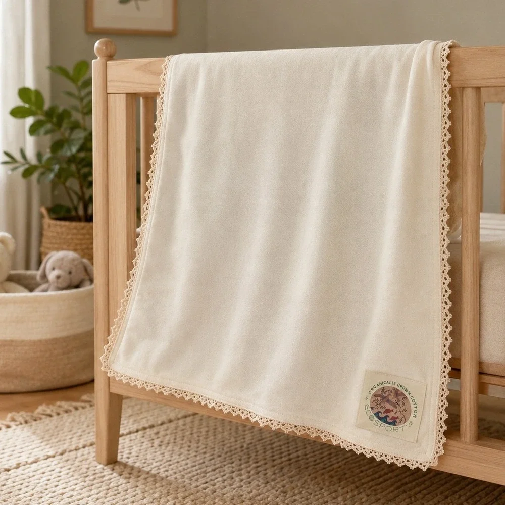 New EcoSport Organic Cotton Baby Receiving Blanket Cream Crochet Lace Trim